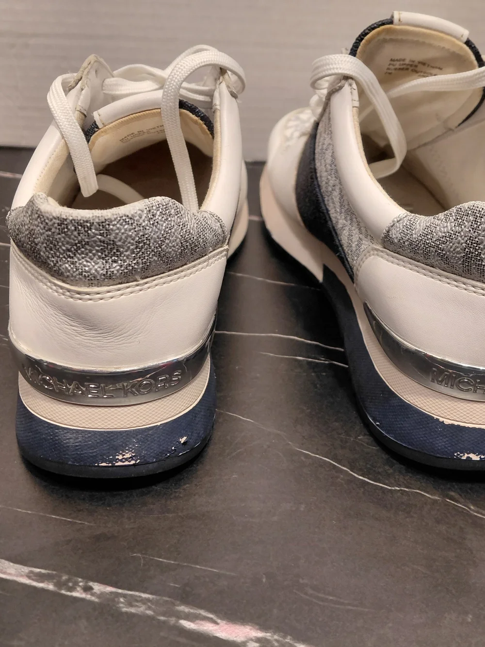 Michael Kors White and Navy MK Logo Lace-Up Sneakers